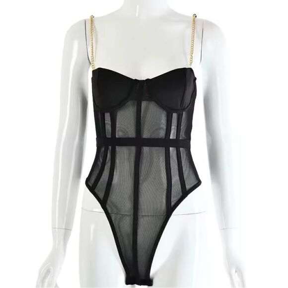 Mesh corset bodysuit with golden straps S - Picture 1 of 4